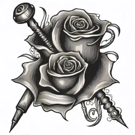 paintbrush and music note and sewing needle and thread tattoo design idea