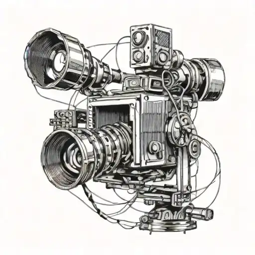 Create a blackwork tattoo of a television camera filming a live Dave Matthews Band concert tattoo design idea