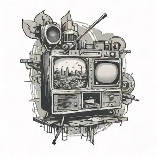 Combine elements of a television studio set with imagery from Dave Matthews Band album covers in a black-grey tattoo tattoo design idea