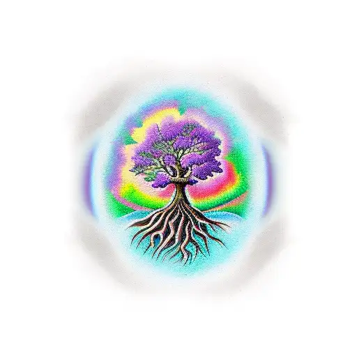 sleeve tatto0 withtree of life , tv with color bars, purple butterfly tattoo design idea