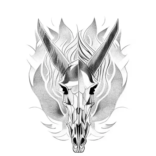 horse skull with fire and racing flags tattoo design idea