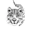 A majestic jaguar surrounded by a lush tropical rainforest tattoo design idea