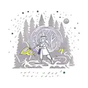 A tour guide leading a group of adventurers through a mythical forest filled with magical creatures tattoo design idea