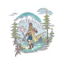 A tour guide leading a group of adventurers through a mythical forest filled with magical creatures tattoo design idea