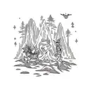 A tour guide leading a group of adventurers through a mythical forest filled with magical creatures tattoo design idea