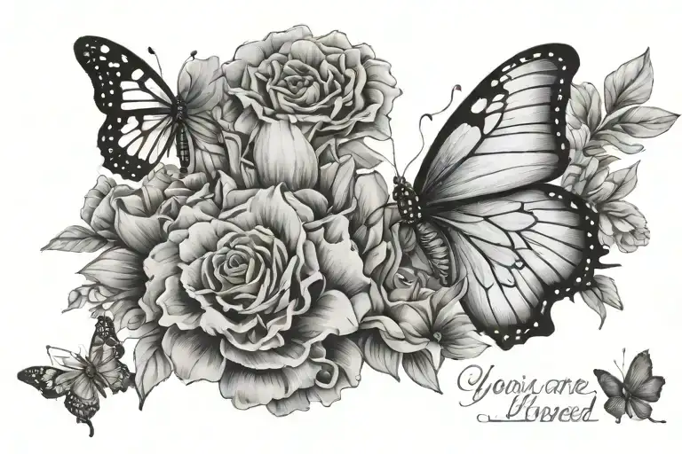 words "you are loved", snapdragon and marigold bouquet,  butterfly  tattoo design idea