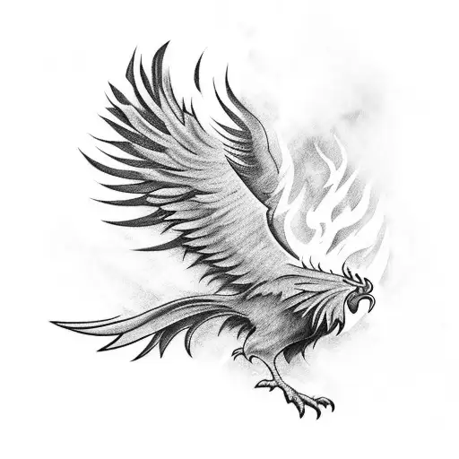 realistic phoenix with rooster head, flame background, flying tattoo design idea