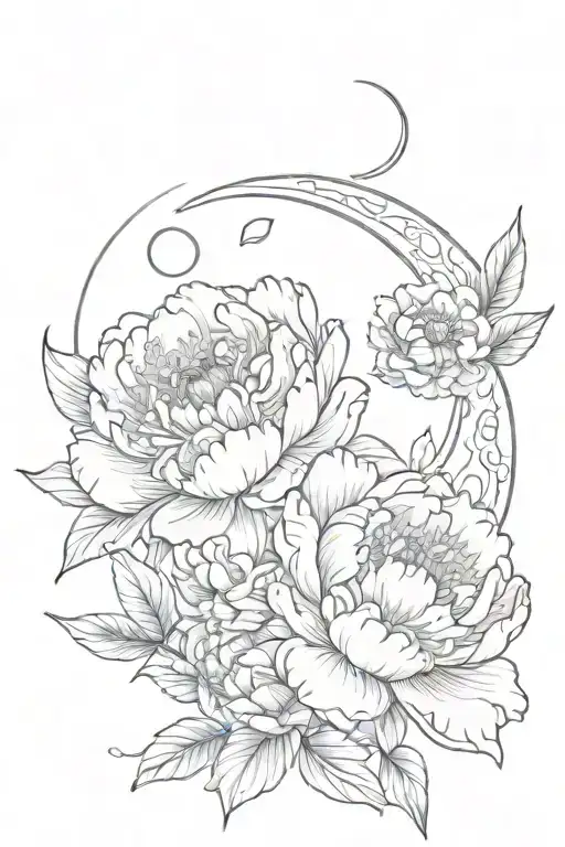 Peony flowers surrounding crescent moon  tattoo design idea