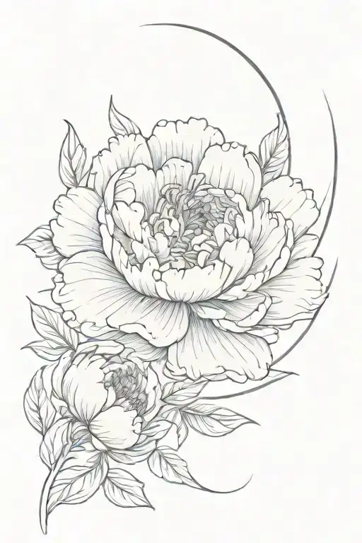 Peony flowers curving with crescent moon embedded  tattoo design idea