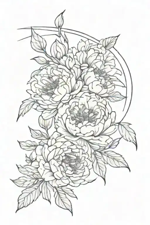 peonies flowers with crescent moon  tattoo design idea