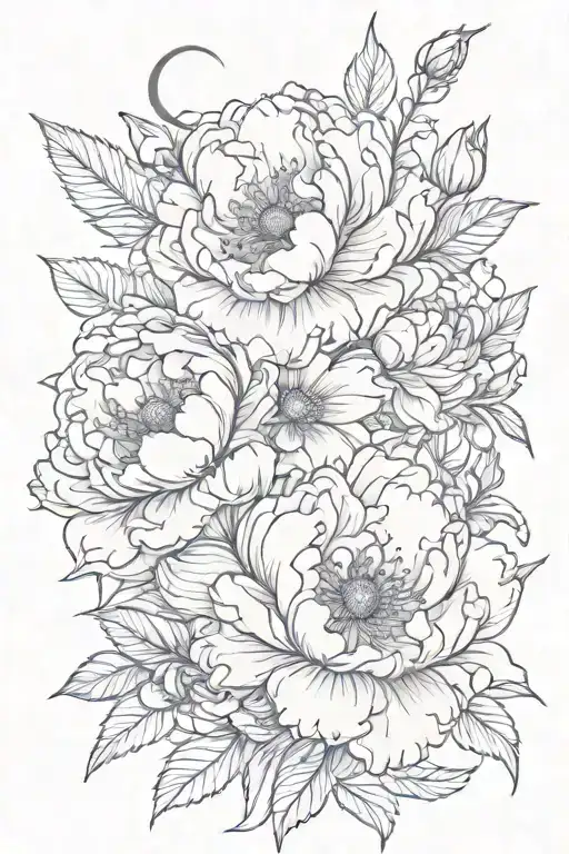 Peony flowers curving with crescent moon embedded  tattoo design idea