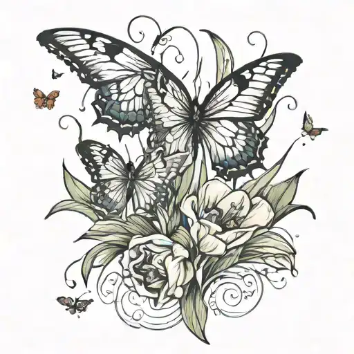 tulips with butterflies and birds flying tattoo design idea