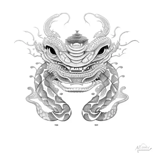 Japanese Oni Mask with an angry snake behind it tattoo design idea