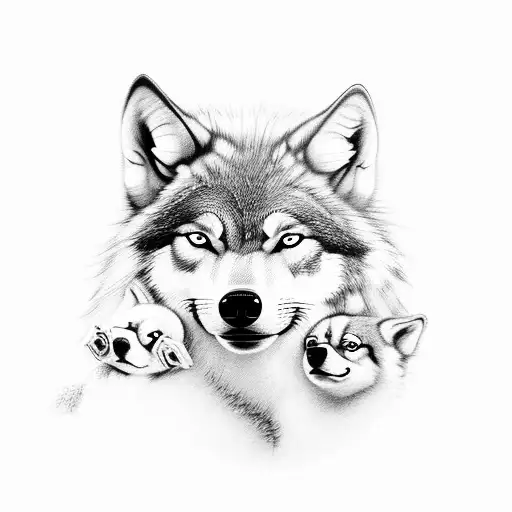 A realistic portrait of a wolf with 4 cute wolf cubs nestled around her, capturing the client's fascination with wolf packs tattoo design idea