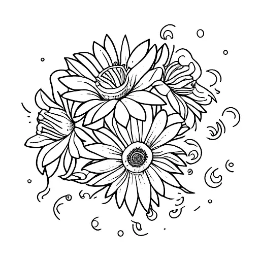 bouquet with asters, hollys, and daffodil's tattoo design idea