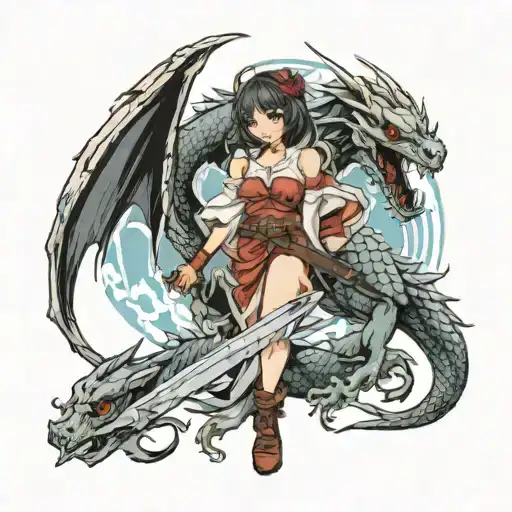anime girl with dragon wrapped and death angel holding a sword tattoo design idea