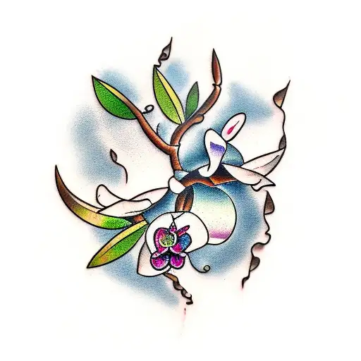 olive tree trunk with orchid petals tattoo design idea