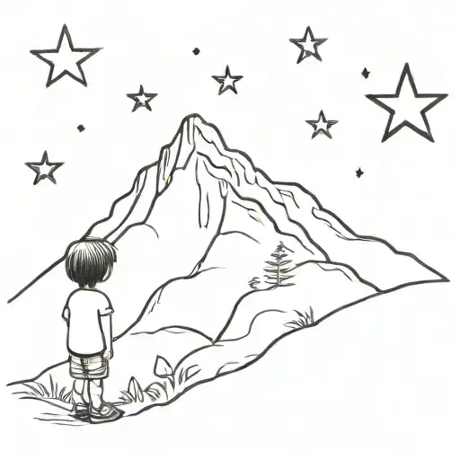 A black mountain with a child gazing at four stars tattoo design idea