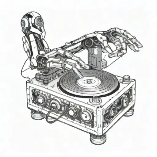 A futuristic cyborg DJ mixing music on a holographic turntable tattoo design idea