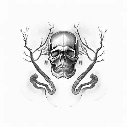 left side a half skull, right a half tree. in the middle a narrow road. a snake around the tree and one red apple tattoo design idea