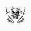 left side a half skull, right a half tree. in the middle a narrow road. a snake around the tree and one red apple tattoo design idea
