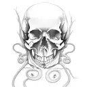 left side a half skull, right a half tree. in the middle a narrow road. a snake around the tree and one red apple tattoo design idea