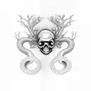 left side a half skull, right a half tree. in the middle a narrow road. a snake around the tree and one red apple tattoo design idea