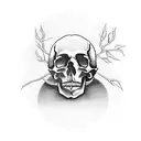 left side a half skull, right a half tree. in the middle a narrow road. a snake around the tree and one red apple tattoo design idea