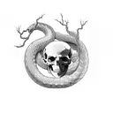 left side a half skull, right a half tree. in the middle a narrow road. a snake around the tree and one red apple tattoo design idea