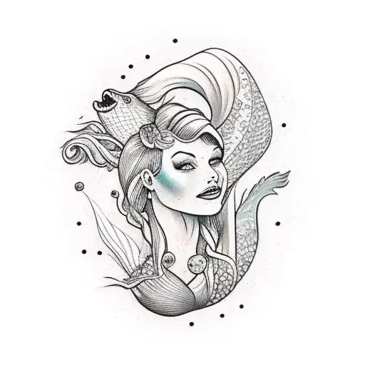 american traditional style topless mermaid with her arms above her head and tail twilring. she has freckles and ruby lip tattoo design idea