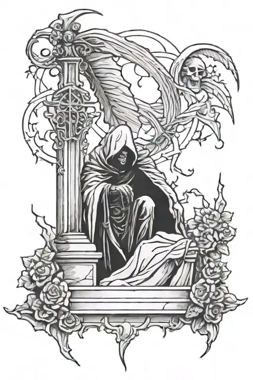 Grim Reaper looking down at grave death before dishonor tattoo design idea