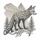  Full-body Culpeo fox, with its tail blending into a depiction of an Araucaria tree and mountains in the background. tattoo design idea