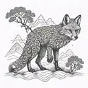  Full-body Culpeo fox, with its tail blending into a depiction of an Araucaria tree and mountains in the background. tattoo design idea