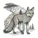  Full-body Culpeo fox, with its tail blending into a depiction of an Araucaria tree and mountains in the background. tattoo design idea