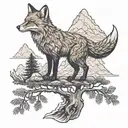  Full-body Culpeo fox, with its tail blending into a depiction of an Araucaria tree and mountains in the background. tattoo design idea