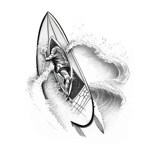 surfboard riding waves with bottom visable tattoo design idea