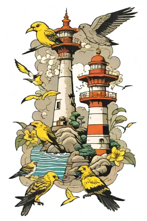 lighthouse and canaries tattoo design idea