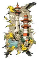 lighthouse and canaries tattoo design idea