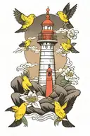 lighthouse and canaries tattoo design idea