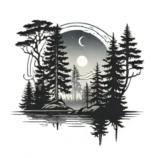 Generate a tattoo design of a serene forest scene with tall pine trees, a winding river, and a full moon in the backgrou tattoo design idea