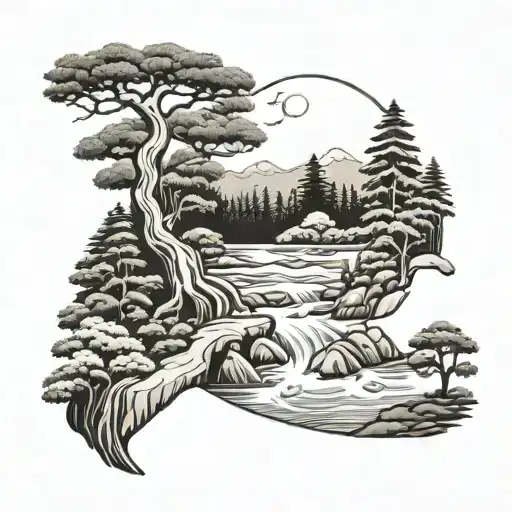 Generate a tattoo design of a serene forest scene with tall pine trees, a winding river, and a full moon in the backgrou tattoo design idea
