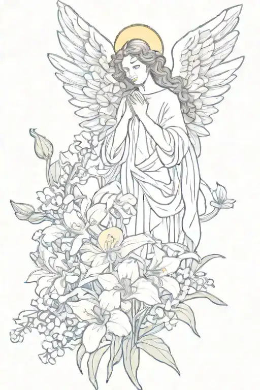 Angel surrounded by irises,lilacs,white daisy with  the yellow center tattoo design idea