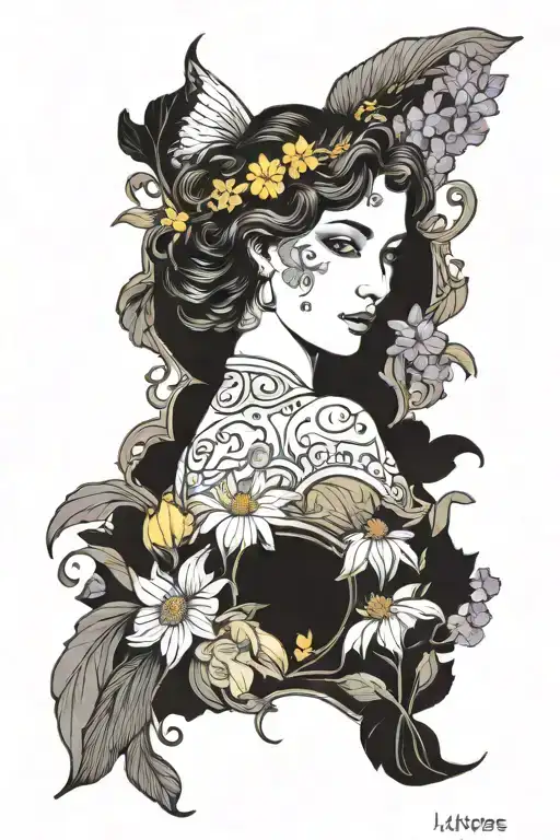 Angel surrounded by irises,lilacs,white daisy with  the yellow center tattoo design idea