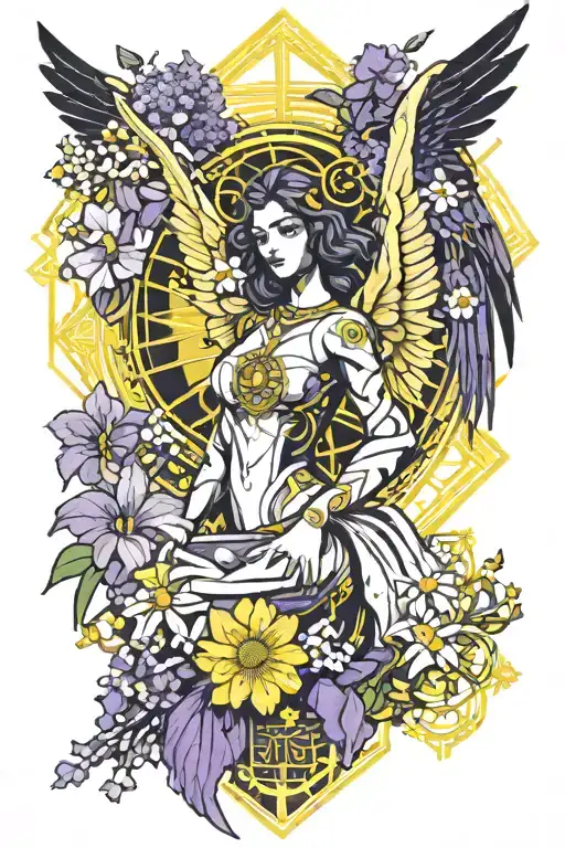 Angel surrounded by irises,lilacs,white daisy with  the yellow center tattoo design idea