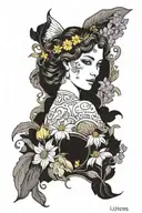 Angel surrounded by irises,lilacs,white daisy with  the yellow center tattoo design idea