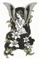 Angel surrounded by irises,lilacs,white daisy with  the yellow center tattoo design idea