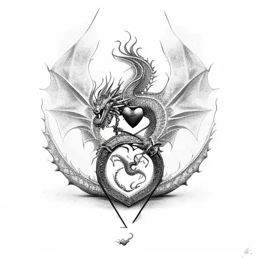flaming heart with dragon tattoo design idea