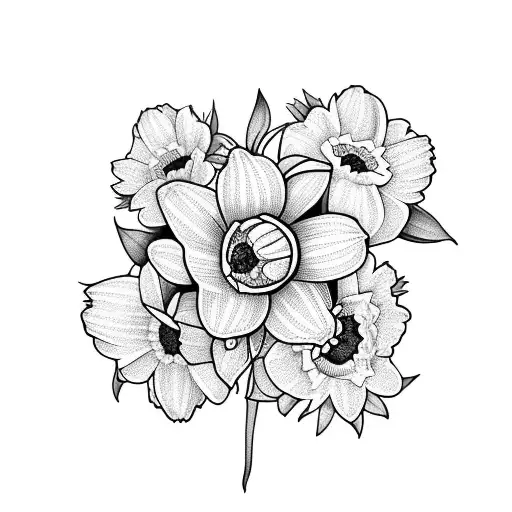 flower bouquet with daffodil, mum and daisy tattoo design idea