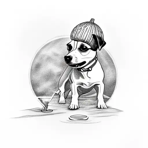 A tattoo of a Jack Russell dog frolicking with a coconut water in hand tattoo design idea
