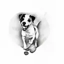 A tattoo of a Jack Russell dog frolicking with a coconut water in hand tattoo design idea